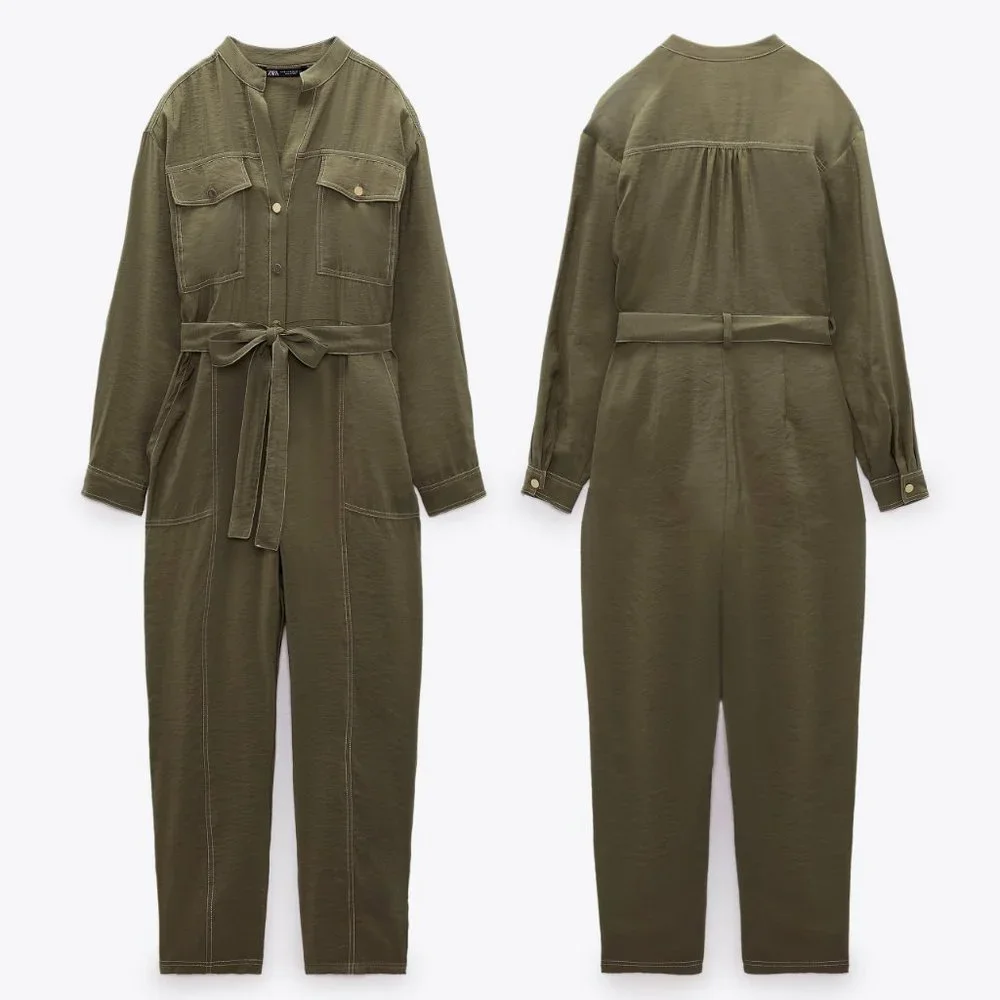 NEW Zara Olive Green Modal Long Sleeves Contrasting Topstitch Belted Jumpsuit S - Picture 6 of 9